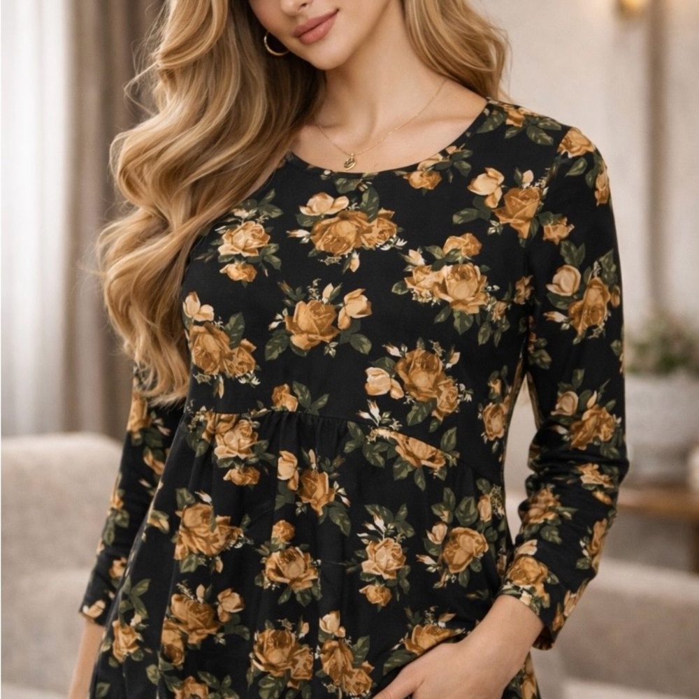 Bobeau Black Blouse with Gold Floral Design